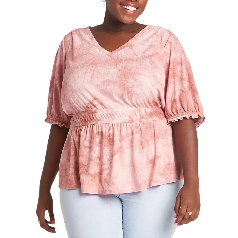 Lane Bryant Pink Tie Dye Peplum Babydoll Top 18 20 Smocked Puff Sleeve Blouse